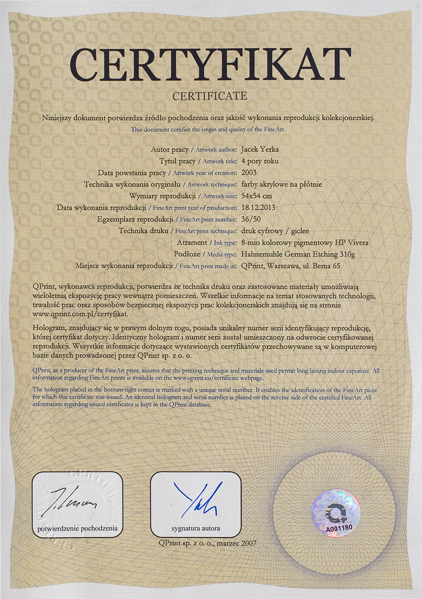 Yerka giclee certificate sample